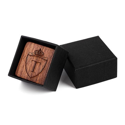 Mens Initial Silver Cufflinks A-Z Alphabet Letter Steel Cuff Links with Engraved Walnut Wood Box Groom Groomsman Wedding Set… - style: T