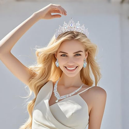 Crowns and Tiaras jewelry sets for Wedding princess birthday party Halloween Prom Pageant Jewelry for Women Crystal Bridal Jewelry Set for women - color: Silver AB