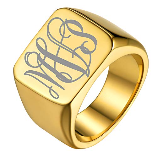 GoldChic Jewelry Personalized Signet Rings Men Women, Stainless Steel Custom Photo Bold Square/Oval Monogram/Old English Initial Pinky Stacking Statement Ring in Black/Silver/Gold (Size 7-14) - color: Gold-Monogram -Square