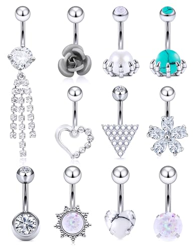 Vsnnsns 14G Dangle Belly Button Ring Piercing Jewelry 316L Stainless Surgical Steel Navel Rings Cubic Zirconia Heart Flower CZ Dangling Belly Button Ring Piercing Jewelry for Women 14 Gauge - color: Silver Tone