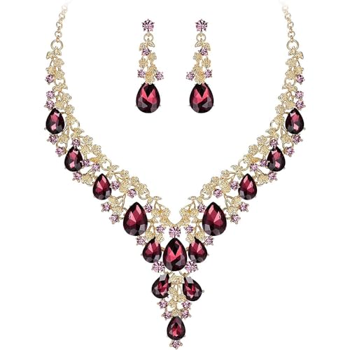 Bridal Bridesmaid Austrian Crystal Jewelry Set, Floarl rhinestone Statement Neckace Teardrop Necklace Drop Dangle Earrings Set - color: Amethyst-Gold Tone