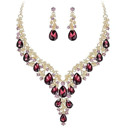 Bridal Bridesmaid Austrian Crystal Jewelry Set, Floarl rhinestone Statement Neckace Teardrop Necklace Drop Dangle Earrings Set - color: Amethyst-Gold Tone