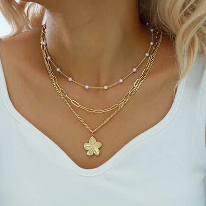 YEEZII Layered Gold Necklaces for Women Trendy, 3 Pcs 14K Gold Plated Choker Paperclip Box Chain Necklace, Stackable Women's Gold Pendant Necklaces Jewelry Set - color: Gold-3 Pcs-Flower