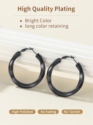 FindChic Twisted Hoop Earrings for Women, Silver/Black/14K Gold Plated Hypoallergenic Hollow Tube Rounded Loop Earrings, 30mm/40mm/60mm/80mm Hoops with Custom Name Options and Gift Box - color: a.Black, size: 40MM