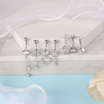 7 Pcs Gold Belly Button Ring Dangle for Women Hypoallergenic Surgical Stainless Steel Dangling Belly Rings Butterfly Heart CZ Cute Long Belly Button Piercing Dangly Navel Piercings Pack Belly Piercing Jewelry - color: silver