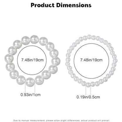 6Pcs White Pearl Bracelets for Women, Stretch Faux Pearl Bracelets, Elastic Pearl Beaded Bracelets, Stackable Pearl Bracelet Set for Women Bridal Bridesmaid Wedding Party Gifts