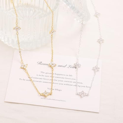 Dainty Silver Gold Necklaces for Women Cute Station Choker Simulated Diamond Necklace Simple Layering CZ Necklace Trendy Jewelry Gifts - color: Silver, style: Flower