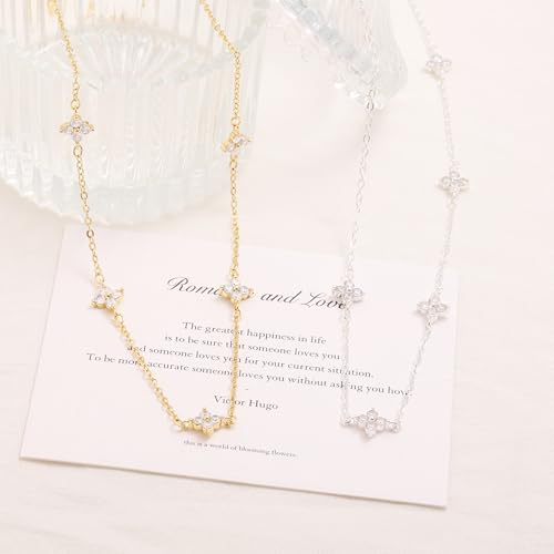 Dainty Silver Gold Necklaces for Women Cute Station Choker Simulated Diamond Necklace Simple Layering CZ Necklace Trendy Jewelry Gifts - color: Gold, style: Flower