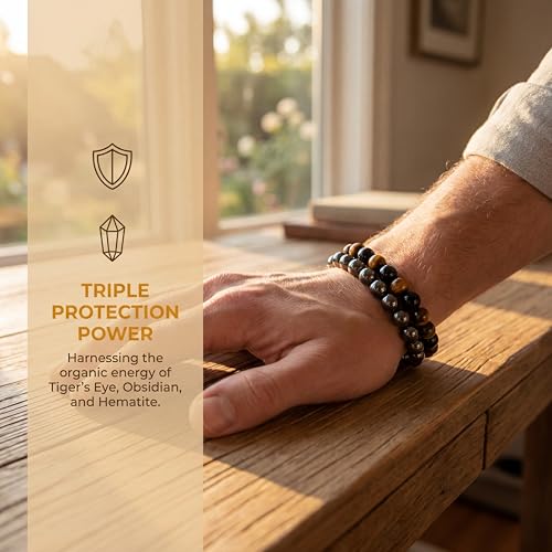Triple Protection Bracelet & Healing Crystals Tiger Eye Beads Bracelet for Men Women, Natural Stone Bracelets for Men - style: Triangular Weaving Style - C
