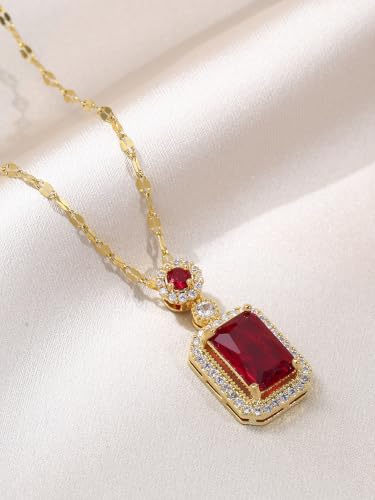 2pcs Cubic Zirconia Wedding Jewelry Sets for Women - Elegant CZ Necklace and Earrings Set with 18K Gold Plated Chain Jewelry Perfect as Special Occasion Gift - color: Red