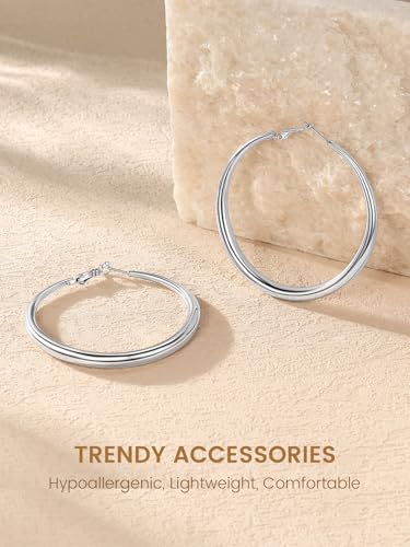 KeyStyle 5mm Thick Hoop Earring，Large Gold Hoop Earrings for Women | Stainless Steel Hoops Earring 14K Gold Plated/Silver/Black Hoop Lightweight Hypoallergenic Hollow Tube Hoop(40/60/80MM) - color: Silver, size: 60mm