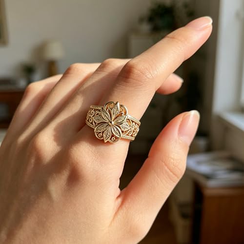 Chunky Gold Flower Ring For Women, Vintage Classic Engraved Hollow Plumeria Flower Pattern Stackable Thumb Ring, Promise Stackable Wedding Engagement Couples Men Jewelry Gift