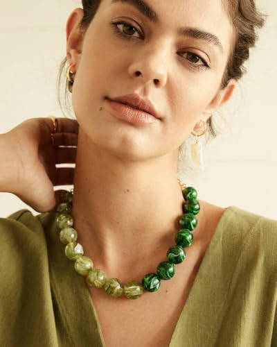 Chunky Beaded Choker Necklace for Women Boho Statement Necklace with Large Pearl Blue Brown Tone Resin Beads Summer Beach Jewelry Gifts - color: Two-Tone Green