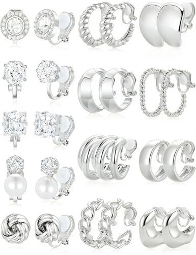13 Pairs Clip on Earrings for Women Chunky Non Pierced Hoop Earrings CZ Pearl Knot Croissant Tube Twist Stud Hoop Clip on Earring Set Fake Earrings Clips Jewelry 14K Gold Silver Plated - color: Silver