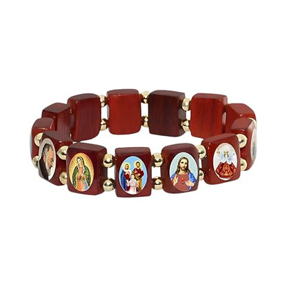 Catholica Shop Devotional Catholic Religious Wood Stretch Bracelets. Small and Large Panels with Assorted Images of Saints, Jesus and Mary. Unisex. Handcrafted in Brazil - style: Small Panel Gold Tone