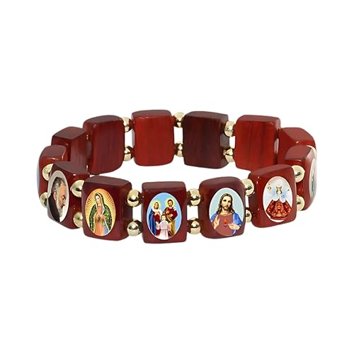Catholica Shop Devotional Catholic Religious Wood Stretch Bracelets. Small and Large Panels with Assorted Images of Saints, Jesus and Mary. Unisex. Handcrafted in Brazil - style: Small Panel Gold Tone