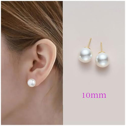 Oversized Faux Pearl Stud Earrings for Women, 14K Gold Plated Sterling Silver Hypoallergenic Large Classic Lightweight Pearl Earrings - size: 10mm