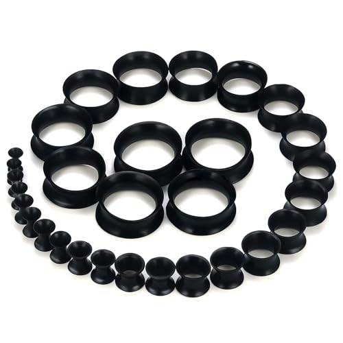 10G-25mm Thin & Thick Silicone Ear Gauges Tunnels Stretching Kit Double Flared Rubber Gauges Tunnels Plugs Flexible Soft Tunnels Earrings Gauge Kit for Women Men - color: Black 10G-25mm
