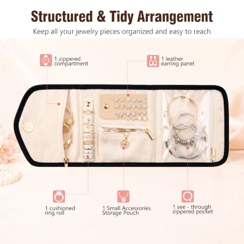 Sodsay Travel Jewelry Case Foldable Travel Jewelry Organizer for Women | Black, 5 Compartments, Quilted Cotton & Polyester, Scratch Resistant, Foldable Lightweight, Travel Friendly, Gift for Women - color: Black
