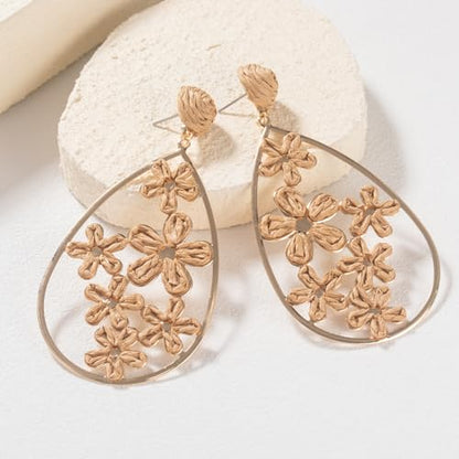 Boho Raffia Flower Teardrop Earrings Cute Colorful Dangle Trendy Jewelry | Floral Drop Statement Big Dangling Earring Hypoallergenic Gold Fun Unique Summer Spring Beach Vacation Outfits for Women - color: Bronze