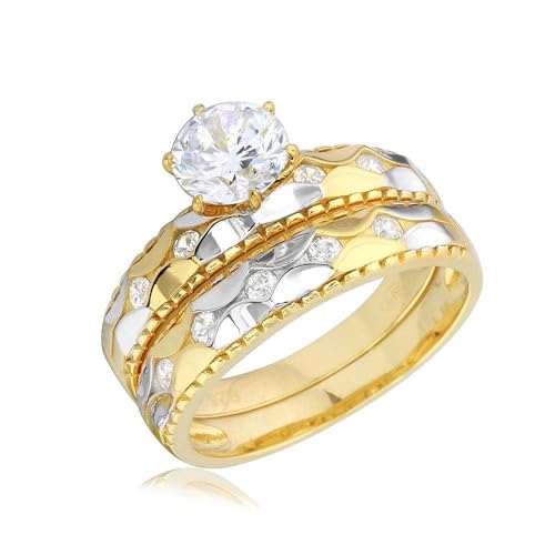 Two-Tone 925 Gold Plated Sterling Silver Hammered Wedding Ring Band Sizes 5-9