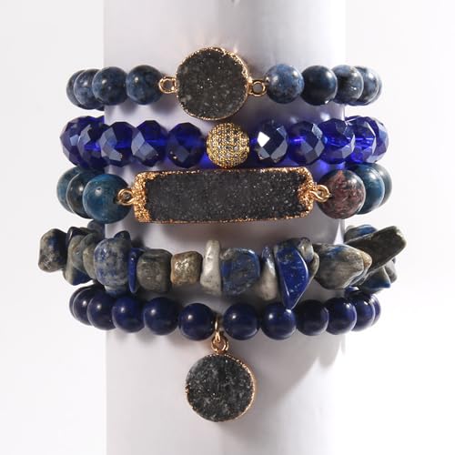 Yomisa 5PCS 6PCS Natural Boho Beaded Bracelets/Bangle for Women Men,Healing Turquoise Jasper Agate Crystal Gemstone Stone Chakra Multilayer Wrap Bohemian Handmade Jewelry Beads Stretch Bracelet Set - color: 5PCS-Deep blue