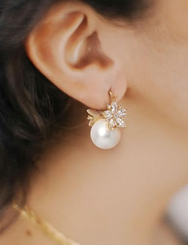 Big Pearl Drop Earrings for Women - 14K Real Gold Plated Quality Dangles for Elevated Casual or Elegant Gift - color: Elsa Gold