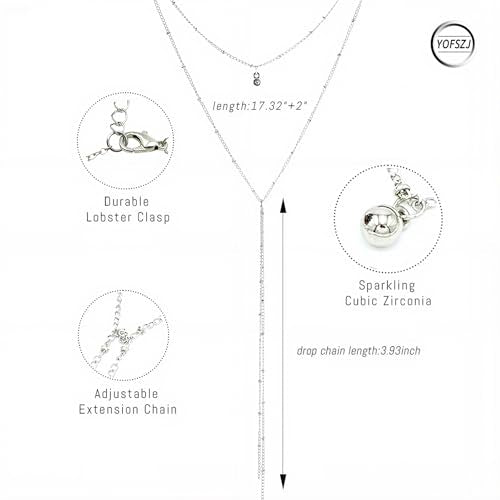 14K Gold Plated Y Necklace for Women – Dainty Lariat Long Pendant Chain, Layered Drop Necklace for V Neck Dress, Simple Sexy Cleavage Jewelry Gifts for Women - color: Silver - Double layer - Bell