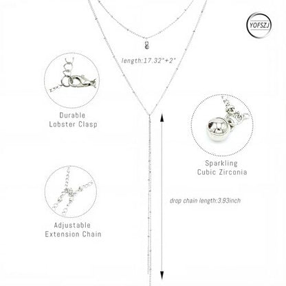 14K Gold Plated Y Necklace for Women – Dainty Lariat Long Pendant Chain, Layered Drop Necklace for V Neck Dress, Simple Sexy Cleavage Jewelry Gifts for Women - color: Silver - Double layer - Bell