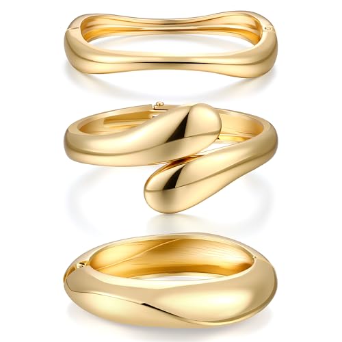 Chunky Gold Bangle Bracelets for Women, 14k Gold Plated Dainty Cuff Stackable Bangles Set, Trendy Bracelet Stack Fashion Jewelry Gifts - color: 07-GOLD