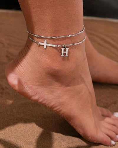 Layered Cross Initial Ankle Bracelets for Women Waterproof 14K Gold Plated Non Tarnish Stainless Steel Stacking Letter Charm Anklets Summer Beach Foot Jewelry Gift - color: silver