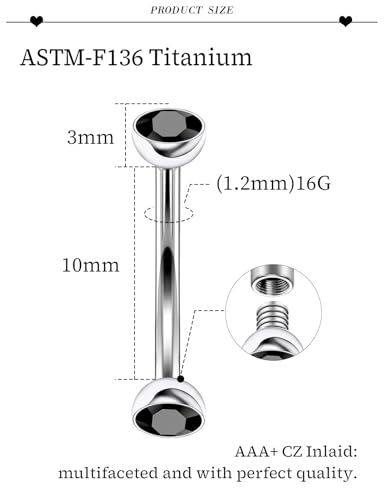 16G Astm F136 Titanium Eyebrow Piercing Jewelry Curved Barbell Eyebrow Ring Vertical Labret Lip Jewelry Daith Rook Earrings Navel Small Belly Button Ring Piercing Jewelry for Women Men CZ - style: 16G, 10MM Length, Round Black CZ