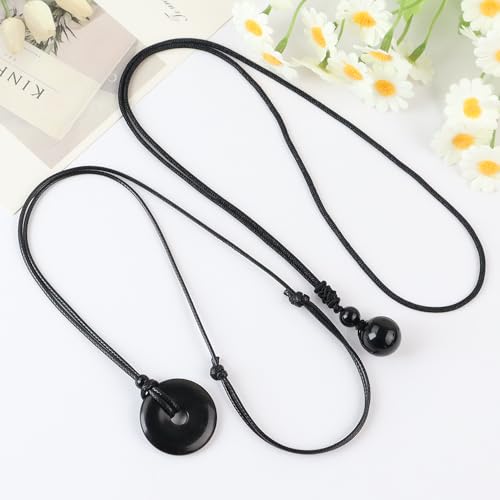 2pcs Natural Crystal Stone Lucky Coin Crystal Necklace Donut Pendnat, 16mm Stone Bead Pendant for Women and Men Necklace - color: Black Obsidian