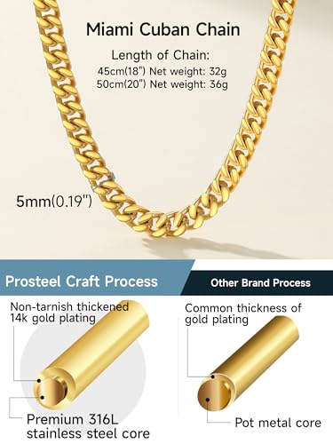 PROSTEEL Chunky Cuban Link Curb Chain Necklace for Women Men, Stainless Steel Choker Thick Trendy Statement Hip Hop Miami Cuban Chain Jewelry Gifts Unisex Size,5/12/14mm Widths,18"/20" - color: 5mm-Gold, size: 18inches