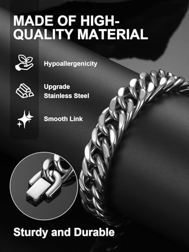 ChainsPro Miami Cuban Link Chain Bracelet for Men, 6/8/12/17mm, 7.5/8.3/9inch, 316L Stainless Steel/18K Gold Plated/Black No Tarnish Bracelets for Fathers' Day Husband, Send Gift Box - color: Silver