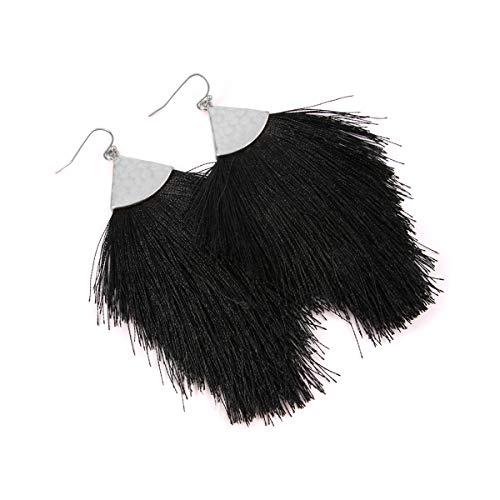 Bohemian Silky Thread Fan Fringe Tassel Statement Earrings - Lightweight Strand Feather Shape Dangles - color: Feather Fringe - Black Silver