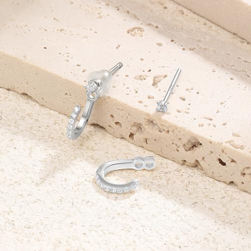 Dainty Mini Cubic Zirconia Small Ear Jacket Earrings for Women | 925 Sterling Silver Post, 14K Gold or Silver Plated, Hypoallergenic, 2mm CZ Tiny Stud Earrings with Half Hoop