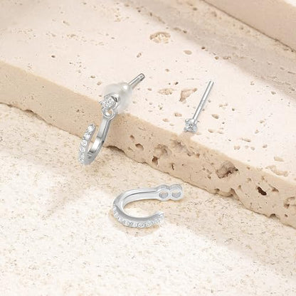 Dainty Mini Cubic Zirconia Small Ear Jacket Earrings for Women | 925 Sterling Silver Post, 14K Gold or Silver Plated, Hypoallergenic, 2mm CZ Tiny Stud Earrings with Half Hoop