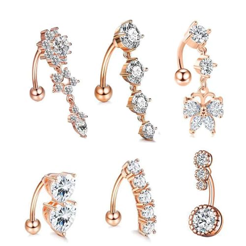 6Pcs 14G Surgical Steel Reversed Belly Button Rings for Women Sparkling CZ Crystal Dangle Belly Button Ring Curved Navel Barbell 3/8" 10mm Navel Piercing Jewelry - color: Rose Gold