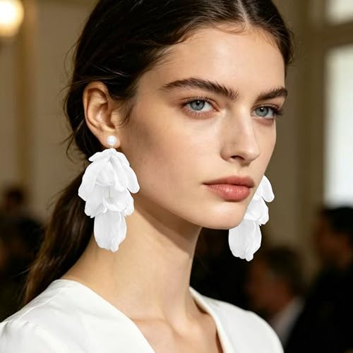Handmade Bohemian Lightweight Fabric Flower Dangle Drop Earrings Chic Pearl Large Tassel Petal Stud Earrings For Women - color: Pearl White