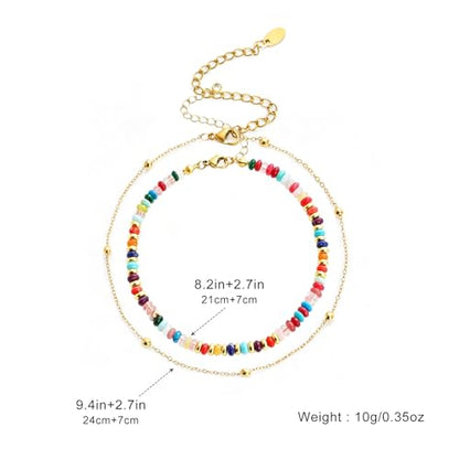 2 Pcs Natural Stone Beaded Anklets For Women Starfish Turquoise Beaded Layered Anklet Set Boho Feather Stretch Ankle Bracelets Adjustable Summer Beach Jewelry Gifts - color: Boho-Colorful Layered