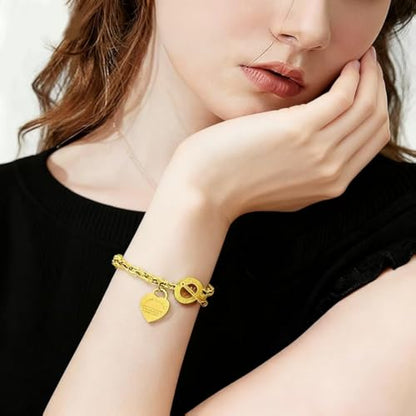 Charm Bracelet for Women 18k Gold/Silver/Rose Gold Plated Love Heart Elegant OT Clasp Stainless Steel Green Bag Packaging Jewelry Gift Birthday - color: 18k Gold, size: 7 inch
