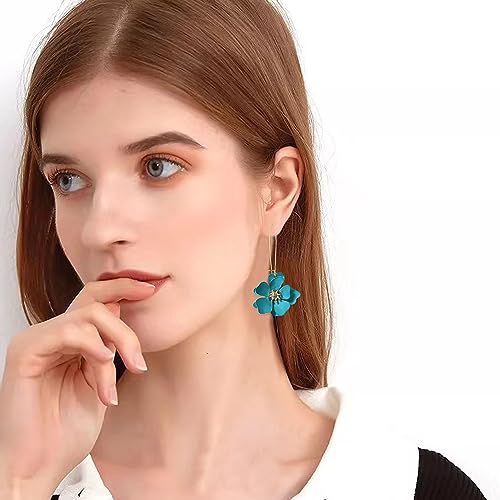 Bohemian Daisy Flower Matte Floral Long Petal Drop Dangle Earrings Layered Tiered for Women Chic Boho Wedding Jewelry - color: Light blue
