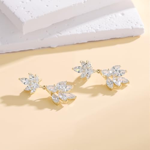 Gemsme Bridal Wedding Earrings for Brides Bridesmaides, 925 Sterling Silver Posts hypoallergenic Cubic Zirconia stud,Drop & Dangle Earrings for Women Jewelry Gifts - color: Gold - Leaf Drop Earrings
