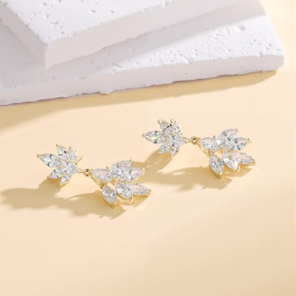 Gemsme Bridal Wedding Earrings for Brides Bridesmaides, 925 Sterling Silver Posts hypoallergenic Cubic Zirconia stud,Drop & Dangle Earrings for Women Jewelry Gifts - color: Gold - Leaf Drop Earrings