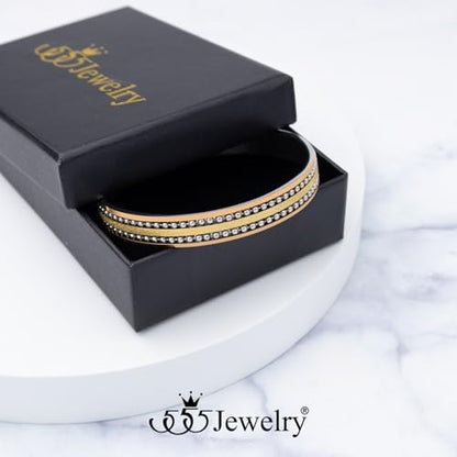 555Jewelry 12mm Wide Stainless Steel Solid Slip On Bangle Bracelet for Women With Small Wrist - color: Silver\Gold\Rose (Large)