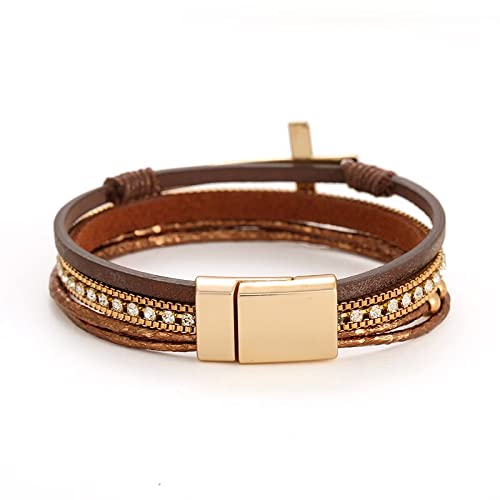 Bohemian Faux Leather Wrap Multi Layer Statement Bracelet Cross Christian Religious Leatherette Cuff Crystal Rhinestone Metallic Bead Inspirational Bracelets - color: I