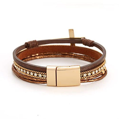 Bohemian Faux Leather Wrap Multi Layer Statement Bracelet Cross Christian Religious Leatherette Cuff Crystal Rhinestone Metallic Bead Inspirational Bracelets - color: H