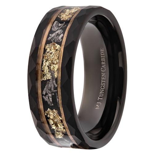 Custom Engraved Tungsten Carbide Hammered 8mm Black Plated Wedding Band with Gold Foil Flecks Inlay Ring