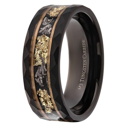 Custom Engraved Tungsten Carbide Hammered 8mm Black Plated Wedding Band with Gold Foil Flecks Inlay Ring